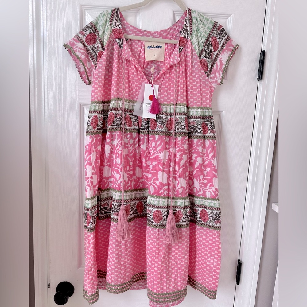 NWT! Gallabia Mini (Pina Collada) Pink and Green Kaftan Dress. Size S